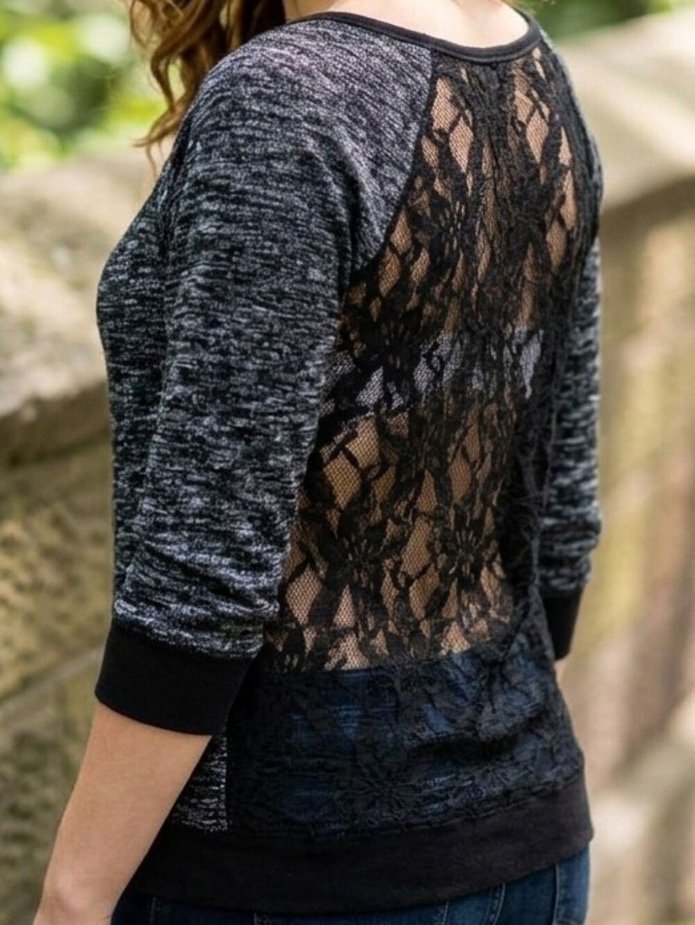 Express Space Dye Lace Back Raglan Knit Top XS Gray Chic Indie